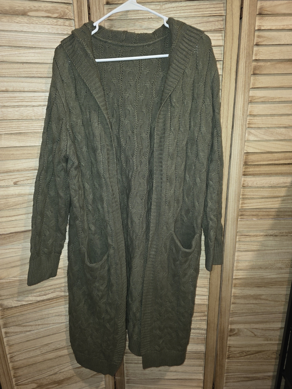 Olive Green Hooded Cable-Knit Long Cardigan